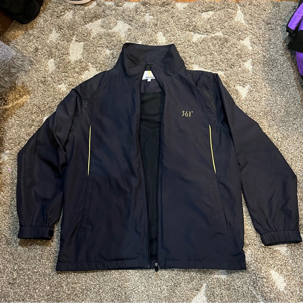 Black 361 degree Windbreaker with Reflective Gold Trim and High Collar